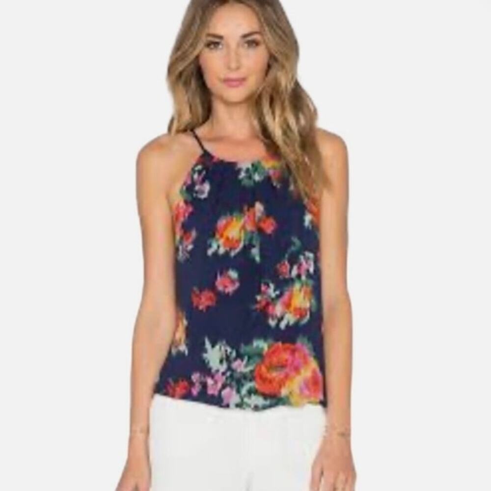 Joie floral silk halter top, ladies small blue & multicolor flowers sleeveless